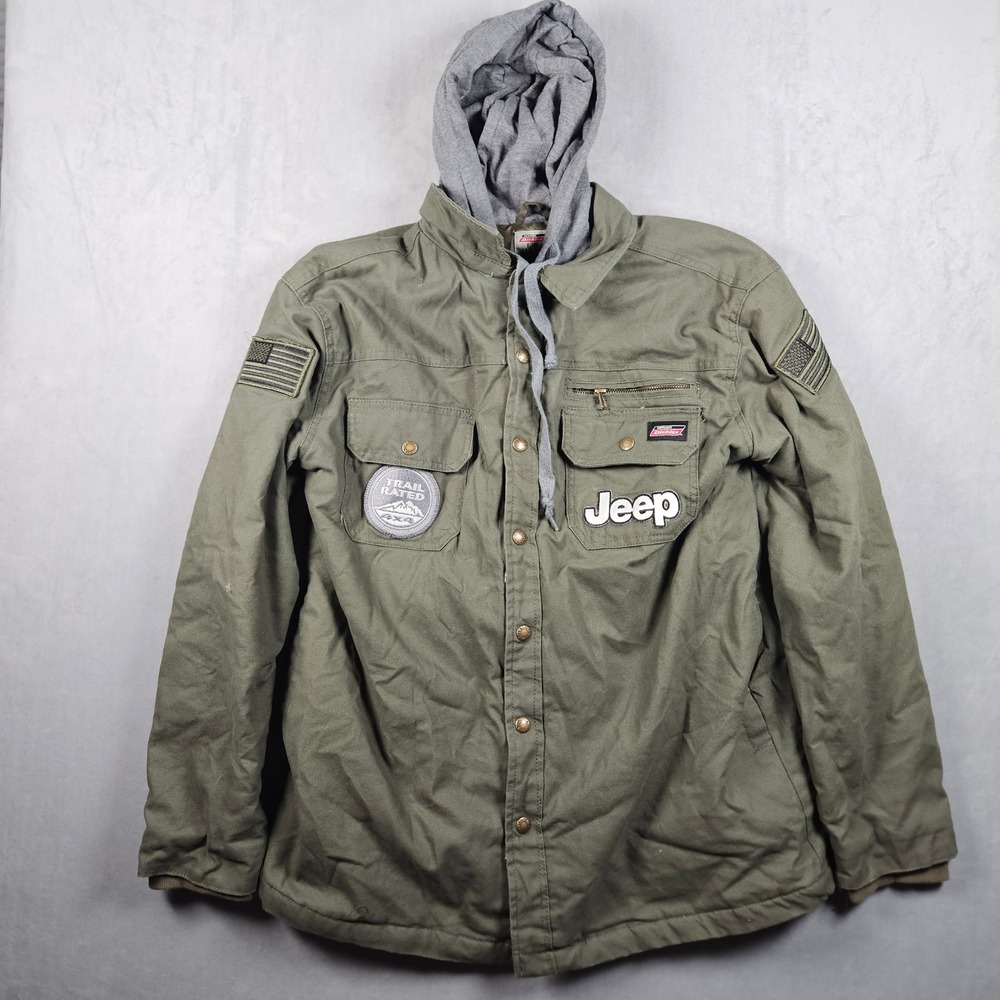 Dickies Hooded Canvas Jacket Mens Large Green Jeep Trail Rated USA Patches